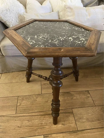 Vintage Walnut Wood Hexagon Marble Top, 3 Leg Parlor Side Table (LOCAL PICKUP ) Cover