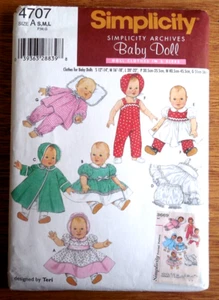 NEW Simplicity Retro Archives Pattern 4707 sz S-M-L Clothing for Baby Dolls - Picture 1 of 2