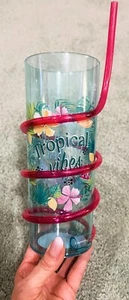 "TROPICAL VIBES" Blue DRINK CUP with Pink Straw - Perfect for Summer Parties! - Picture 1 of 4