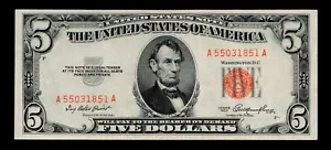 $5 1953 Red Seal United States Note lightly circulated condition (B88) - Picture 1 of 2