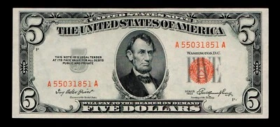 $5 1953 Red Seal United States Note lightly circulated condition (B88) - Image 1 of 2