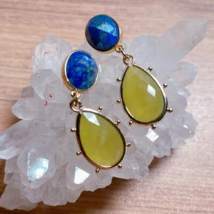 Teardrop Lemon Quartz Blue Lapis Dangle Earrings Natural Stone Jewelry - Picture 1 of 5
