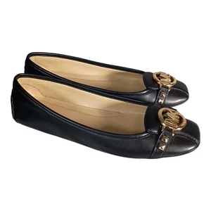 Michael Kors Fulton Flats Moccasin Moc Loafers Leather Black Gold Logo Womens 9 - Picture 1 of 10