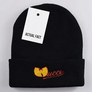 Actual Fact Wucci Hip Hop Designer Twist Roll Up Black Beanie Hat - Picture 1 of 3