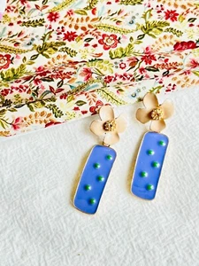 Beige Flower Lavender Rectangle Green Dots Drop Pierced Earrings Women Her Gift - Picture 1 of 6