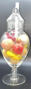 Vintage Blumen geätzter Sockel Deckel Apotheker Klarglas Bonbonglas mit Holz Obst - Bild 1 von 11