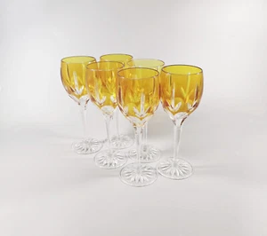 AJKA AMBER GOLD CUT CRYSTAL WATER GLASS SET OF 6 IN ORIGINAL BOX ! (J332) - Picture 1 of 12