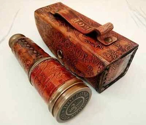ANTIQUE-BRASS-TELESCOPE-MARINE-NAUTICAL-LEATHER-PIRATE-SPYGLASS-VINTAGE-SCOPE - Picture 1 of 5
