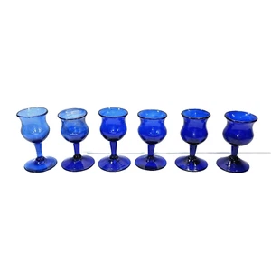 6pc lot hand-blown Cobalt Blue Egyptian Pedestal Glasses Bubble Twist Swirl nice - Picture 1 of 8