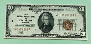 1929 $20. FEDERAL RESERVE BANK KANSAS CITY MISSOURI NATIONAL CURRENCY NOTE GEM - Imagen 1 de 2