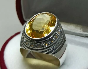 Oval Cut 18 Carat Yellow Topaz Sterling Silver 925 Handmade Topaz Mens Big Ring - Picture 1 of 12