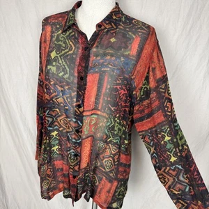 Chicos Sz 2 Large 100% Silk Sheer Button Up Shirt Blouse Aztec Orange 3/4 Sleeve - Picture 1 of 16