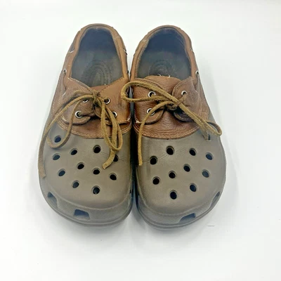 Crocs Islander Pit Crew Brown Leather Lace Up Moccasins Boat Shoes M9 - Image 1 of 4