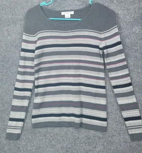Liz Claiborne Sweater PS Cotton Gray Striped Scoop Neck Long Sleeve Layer Warm - Picture 1 of 12
