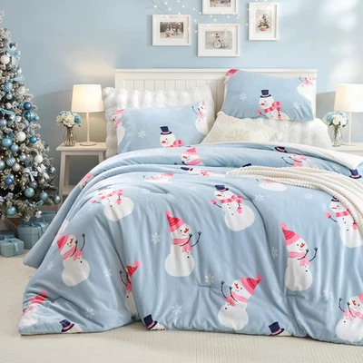 Christmas Queen Comforter Set, Flannel Comforter with Red Plaid, Soft Cozy Fleec - Image 1 of 4