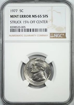 1977 Jefferson Nickel 5C NGC Mint Error MS65 5 Full Steps Struck 15% Off Center - Image 1 of 4