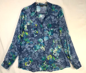 Eddie Bauer Blouse Womens XL Blue Floral Semi Sheer Button Up Roll Tab Sleeve - Picture 1 of 9