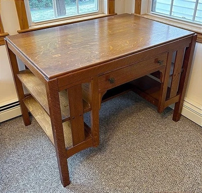 Charles P. Limbert Arts & Crafts Tiger Oak Writing Desk w/ Side Shelves c.1910 - Image 1 of 4