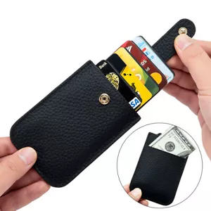 Black Real Leather Slim Wallet Card Holder Minimalist RFID Blocking Pocket Purse - Picture 1 of 11