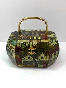 Vintage Holz Achteck Decoupage Box Geldbörse Velours Stoff innen LESEN - Bild 1 von 22