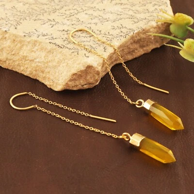 Yellow Quartz Gemstone Pencil Shape Gold Plated Handmade Threader Drop Earring - Image 1 of 3