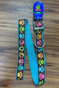 Paw Print Adjustable 1" Wide Dog Collar TEAL Size LARGE 20-24” Sturdy Cute Thick - Picture 1 of 9