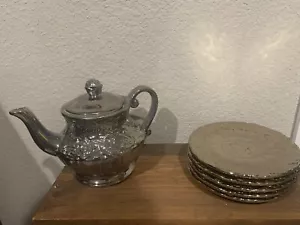 Silver Finish Over Ceramic Porcelain Decorative Tea Set Ornate Rose Pattern - Picture 1 of 6