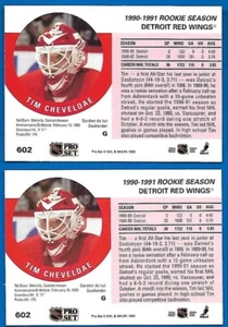 #602 TIM CHEVELDAE ERROR SHIFTED STATS + CORRECTED 1990-91 PRO SET RED WINGS - Picture 1 of 2