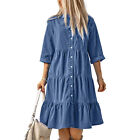 Blue Midi Dress Solid Color Turn Down Casual Dress Loose Fit Daily Outfit Necklace