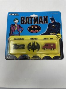 BATMAN 1989 Vintage Micro Vehicle 3 Pack - Batmobile Batwing JokerVan ERTL#2498
