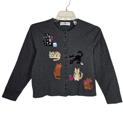Vtg Marisa Christina Cat Cardigan Top Sz L Gray Long Sleeve Button Up - Image 1 of 4