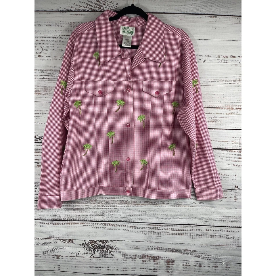 Quacker Factory Jacket Women's Large Gingham Palm Tree Embroidered Button Front - Image 1 of 4