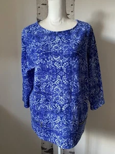 SUSAN GRAVER Weekend Blue White Print Paisley Bateau Neck Top Size L - Picture 1 of 10
