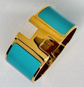 Hermes Bracelet Clic Clac H Enamel Extra Wide Green Rose Gold Sz 17cm PM - Picture 1 of 6