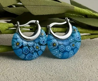 Blue Daisy Murano Basket Style Glass Earrings In Luxury 316L Stainless Steel - Image 1 of 4