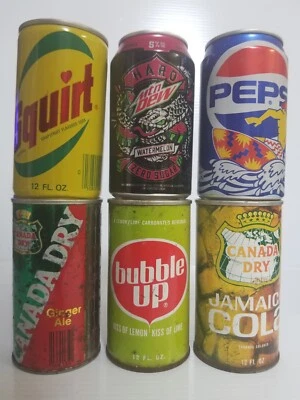 Lot of 6 POP CANS Steel SQUIRT BUBBLE UP CANADA DRY Pepsi Hard Mt Dew aluminum  - Image 1 of 2