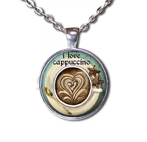 I Love Cappuccino Kaffee Barista Koffein Handarbeit Rund Glas Anhänger Halsketten - Bild 1 von 10