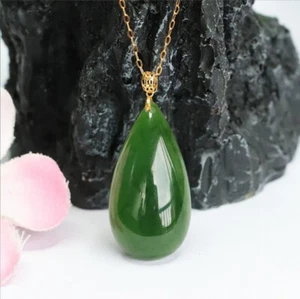 Certified Natural Green Hetian Jade 18K Gold Waterdroplet Pendant Necklace AAA - Picture 1 of 8
