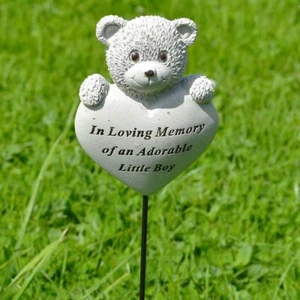 Adorable Little Boy Teddy Bear Heart Memorial Tribute Stick Graveside Plaque - Picture 1 of 1