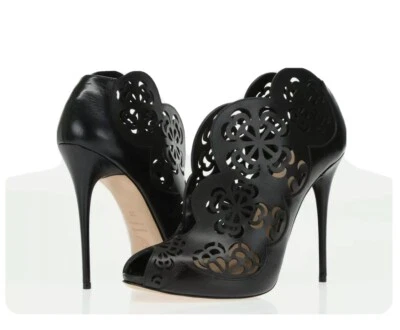 Alexander McQueen Black Laser-Cut Peep Toe Stiletto Ankle Boots Size 39 8.5 - Image 1 of 4