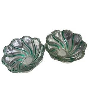 2 Clear Glass Bowls  with Green Swirls Scalloped Edge - Picture 1 of 7