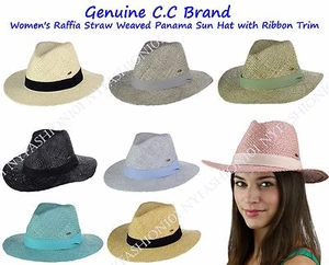 Genuino Marca CC Para mujeres Raffia Tejido Paja Panamá Sombrero de Sol con Borde de Cinta - Imagen 1 de 33