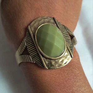 Lucky Brand Brass Tone Cuff Bracelet with Large Faceted Green Faux Stone Center - Picture 1 of 9