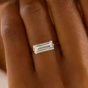 Solitaire Moissanite East To West Sterling Silver Emerald Cut Wedding Ring - Picture 1 of 4