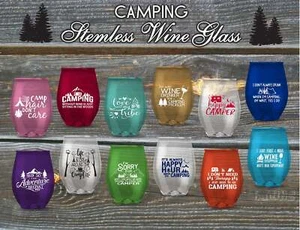 Set of 12 Stemless CAMPING THEME Wine Glasses, OUTDOORS Funny SAYINGS Wine Glass - Picture 1 of 11