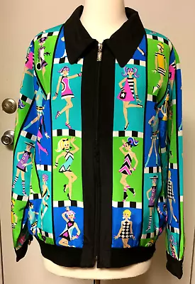Bob Mackie Bomber Jacket Wearable Art Silk Women's Size L QVC 60s Retro Art NWT - Image 1 of 4