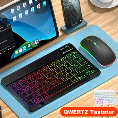 QWERTZ Bluetooth-Tastatur Beleuchtet Maus Für iPad IOS Android & Windows Tablet - Bild 1 von 4