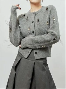 Mujeres Moda Cuello Redondo Lentejuelas Diamante Pluma Tejido Suéter Cárdigan JWKL - Imagen 1 de 14