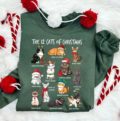 12 Cats of Christmas Sweatshirt, Cat Lover Christmas Shirt, Cat Mom Holiday Tee - Image 1 of 3