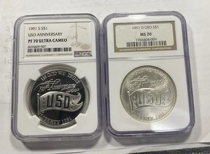 1991-S & 1991-D $1 USO Anniversary Silver Dollars NGC PF/MS70 Item 9529 - Picture 1 of 5